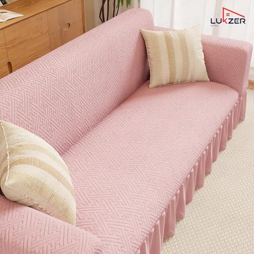Image of Lukzer 2 Seater Jacquard Sofa Cover with 360 Frill Skirt - Pastel Pink Grid Maze | 240 GSM Stretchable Anti-Slip Fully Covered Universal Couch Cover for Living Room (140-180CM /SC-108-02F)
