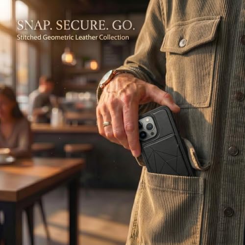 Image of amazon basics Premium Vegan Leather Back Cover with Card Holder and Integrated Mobile Stand for iPhone 14 Pro Max - Slim Shockproof Wallet Case with Geometric Stitching [Black]