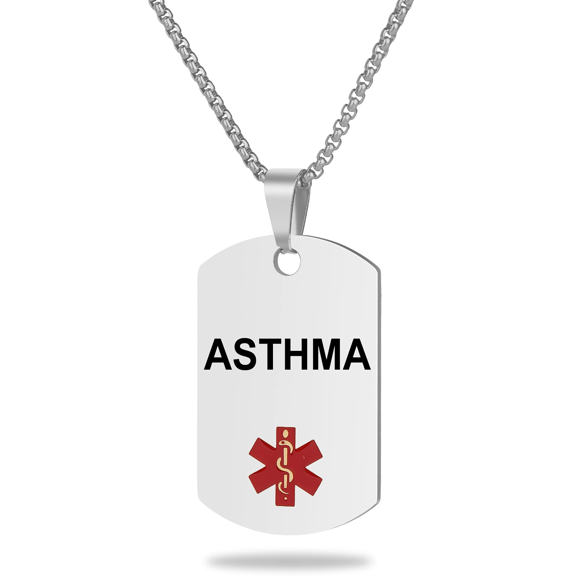 Medical Alert ID Necklace, Laser Engraved Asthma, Stainless Steel Tag Pendant with 23.6 inch Chain for Men Women Emergency First Aid