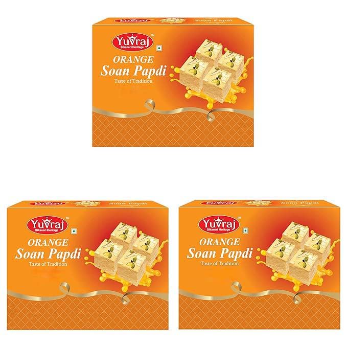 Image of Yuvraj Orange Flavoured Soan papadi (patisa) sweets box (200 gm x 3) Combo pack