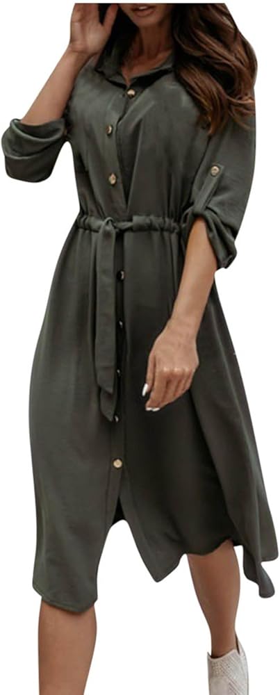 Mzkdieey Womens Button Down Shirt Dresses Oversized Lapel V Neck Midi Dress  Casual Loose Tie Waist Tunic Dresses Blouse Army Green at Amazon Women's  Clothing store