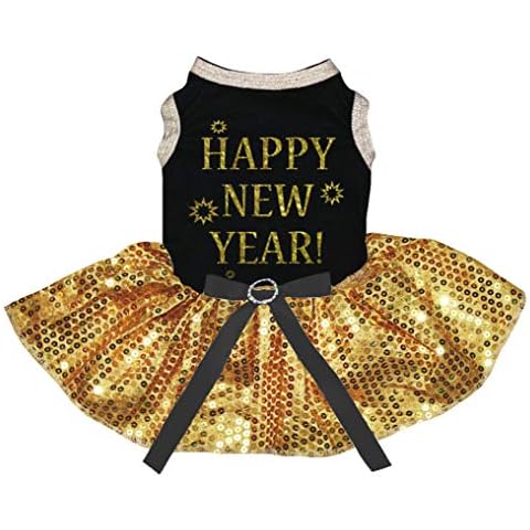 Petitebella Happy New Year Puppy Dog Dress (Black/Yellow Sequins, Small) Cover