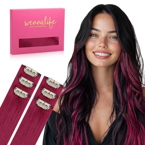 WENNALIFE Burgundy Red Clip in Hair Extensions Real Human Hair 35g 6pcs 20 Inch Colored Hair Extensions for Kids Women Colorful Hair Pieces Pop-up Style Straight Extensiones De Cabello Humano Con Clip