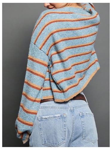 Image of BEAUDRM Women's Striped Button Down Crop Cardigans Long Sleeve Crew Neck Knitted Cardigan Sweaters Multicolor X-Large