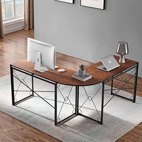 Image of Priti - L Shaped Computer Desk with Storage Shelves Corner Office Desk Industrial Gaming Desk Black Metal Frame Wood Workstation Home Office Furniture