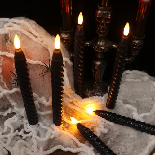 Image of Black Flameless Taper Candles Halloween Flickering with Remote Timer, 3D Wick LED Spiral Horror Party Candles Battery Operated 6 Pack Real Wax Home Halloween Decor(0.78 X 9.8 Inchs)