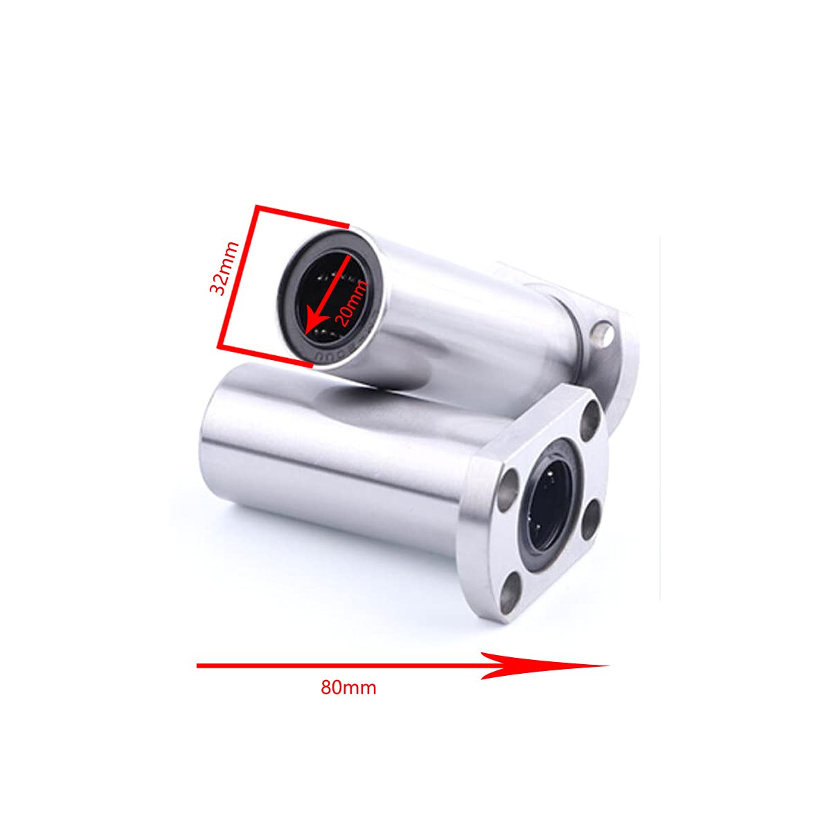 2PCS Long Linear Ball Bearing Round Flange LMF20LUU ID 20mm OD 32mm Length 80mm Linear Motion Ball Bearings for CNC, 3D Printer, Linear Rail Guide