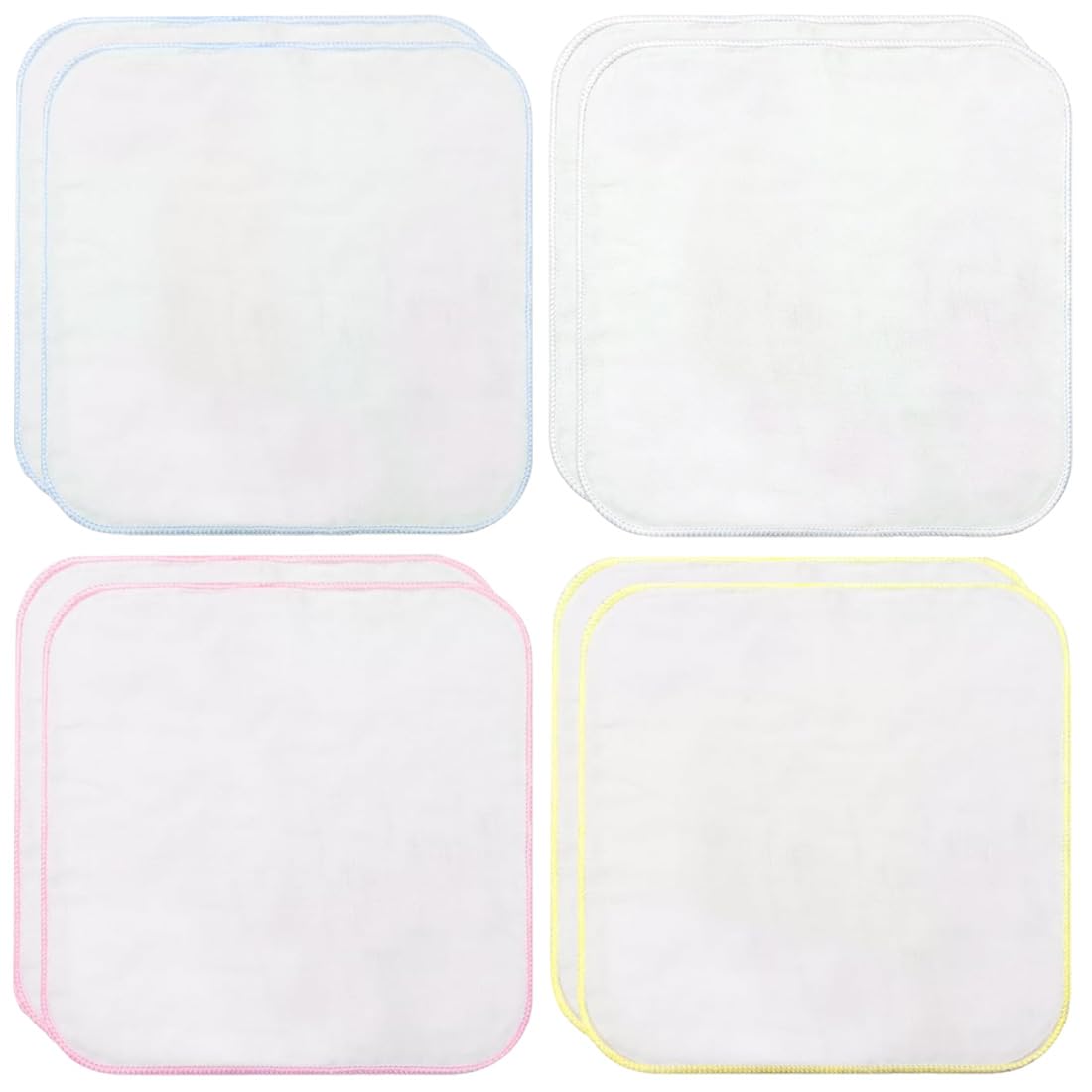 8X Lingette Bebe Gants Toilette Flanelle Coton Bio - Bords Blanc Rose Bleu Jaune - Lavables Standard