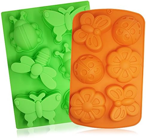 SENHAI 2 Pcs Insect shape Silicone Trays, 6-Cavity 3D Dragonfly Butterfly Ladybug shape Cake Baking Molds, DIY Soap Handmade Muffin Biscuit Cookie Pans - Orange, Green