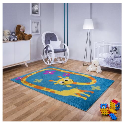Teppich für Kinderzimmer in Blau Kinderteppich 160 cm x 230 cm Spielteppich mit Giraffe Tiere...