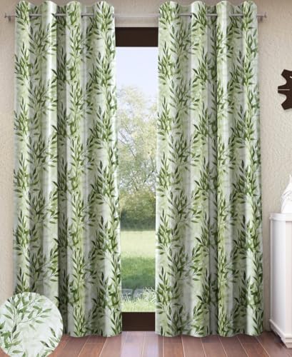 Image of Home Sizzler 2 Pieces Floral Flow Grommet Polyester Door Curtain - 7 Feet, Leaf Green