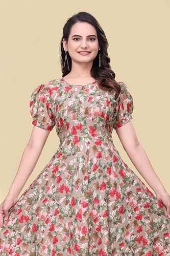 Image of Women's A-Line Crepe Maxi Dress | Stylish Fit and Flare Dress with Round Neck Short Puff Sleeves for Casual Wear
