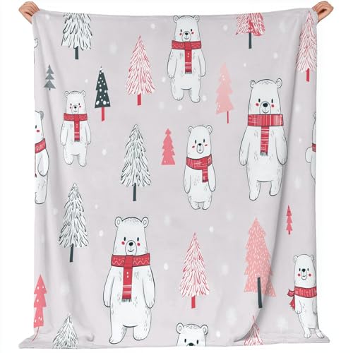 Manta 180 X 200 Cm Navidad Osos Polares Árboles De Navidad Gris Claro – Suave Y Plúmosa En Microfibra Ideal para Cama Sofá & Camper – Versátil para Todo El Año Lavable En Máquina