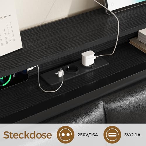 Bett 140 x 200, Bett mit LED-Beleuchtung, Polsterbett 140x200, Ladestation, Bettgestell mit Lattenrost, für Schlafzimmer, Gästezimmer, Schwarz – Bild 5