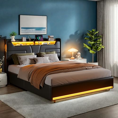 PerGar Boxspringbett 140x200, Bett mit stauraum, Polsterbett Doppelbett mit LED Kopfteil und USB, Hydraulisch Bett mit Lattenrost und Bettkasten, Stauraumbett Jugendbett, PU, Schwarz, Ohne Matratze