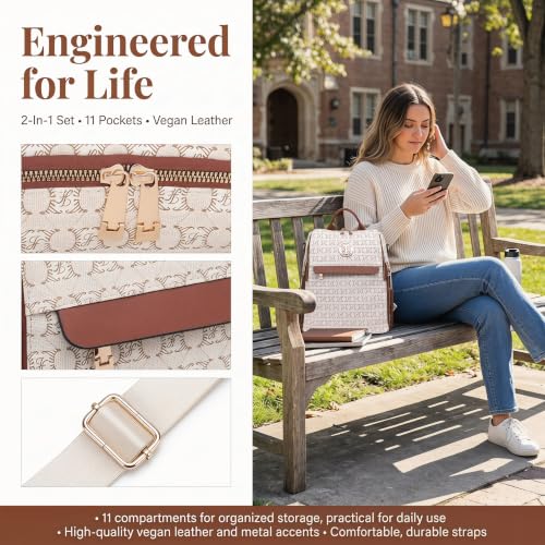 Image of JULIE FERRARO Women's Convertible Backpack Purse Vegan Leather Fashion Backpack Bag Large Capacity Travel Shoulder Bag with Wristlet 2PCS Set