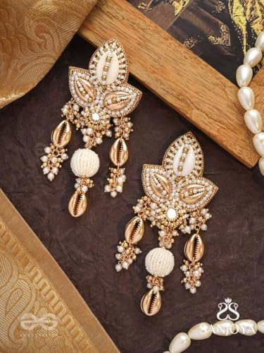 Image of SANJOYA Hand Embroidered Gold-Toned Cowrie Shell & Pearl Statement Jewellery Earrings for Women & Girls| Kundan Floral Ethnic Danglers | Lightweight Jewelry for Haldi, Mehndi, Sangeet & Wedding
