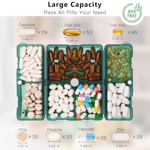 Image of FYY Travel Pill Organizer, 7 Compartments Large Pill Box Case-Deep Green