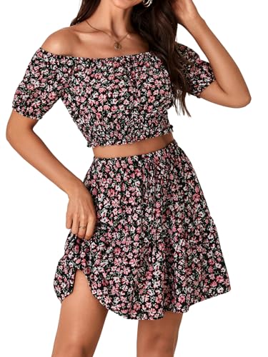 Vrtige Women's 2 Piece Outfits Floral Off Shoulder Short Sleeve Crop Top and Ruffle Mini Skirt Set3