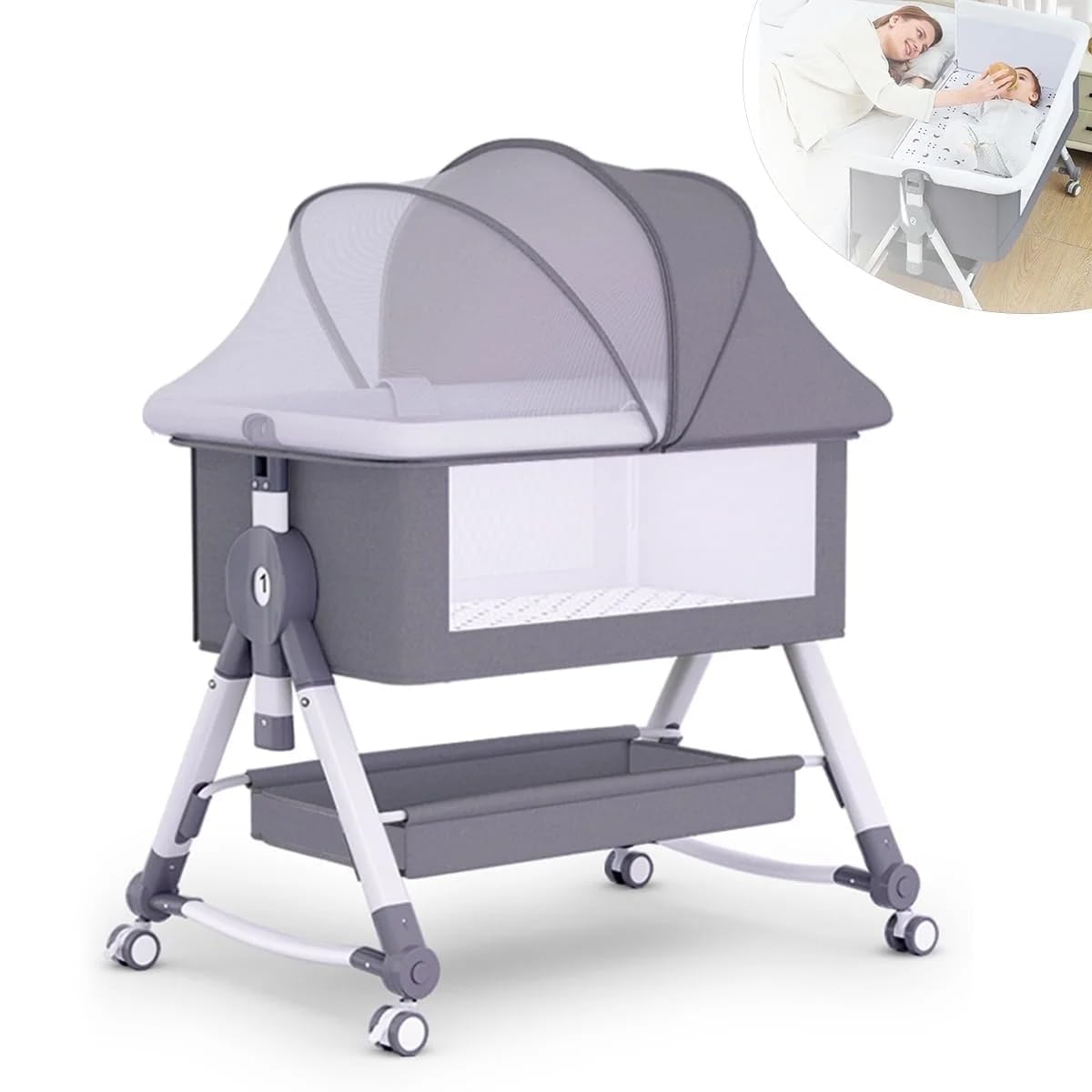 Cubbycoo Multifunctional Movable Baby Crib (Grey) – Portable Foldable Cradle & Splicing Bed for Newborns – Height Adjustable, Breathable Infant Bassinet, Safe & Durable - Image 8 thumbnail