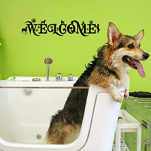 Superdant Pvc Wall Sticker "Welcome" Quotes Wall Decal Dog Footprint Patten Vinyl Wall Art For Living Room Front Door Porch Wall Home Decoration 7"X26" #TOP2