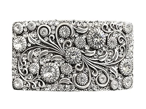 Belts.com Swarovski rhinestone Crystal Belt Buckle Antique/Brass Rectangle Floral Engraved Buckle (Full Crystal)