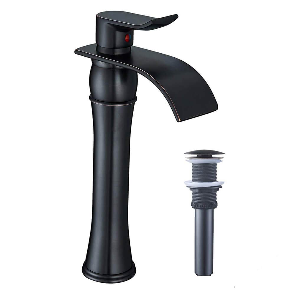 HomevaciousBathroom Vessel Sink Faucet Tall Oil Rubbed Bronze Antique Single Handle Waterfall with Pop Up Drain Assembly Without Overflow Lavatory One Hole Lever Mixer Tap Commercial
