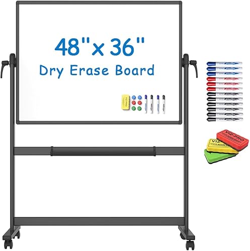 VIZ-PRO Pizarra magnética móvil de doble cara de 48 x 36 pulgadas, marco y soporte de aluminio negro, con 4 borradores secos, 16 marcadores y 6