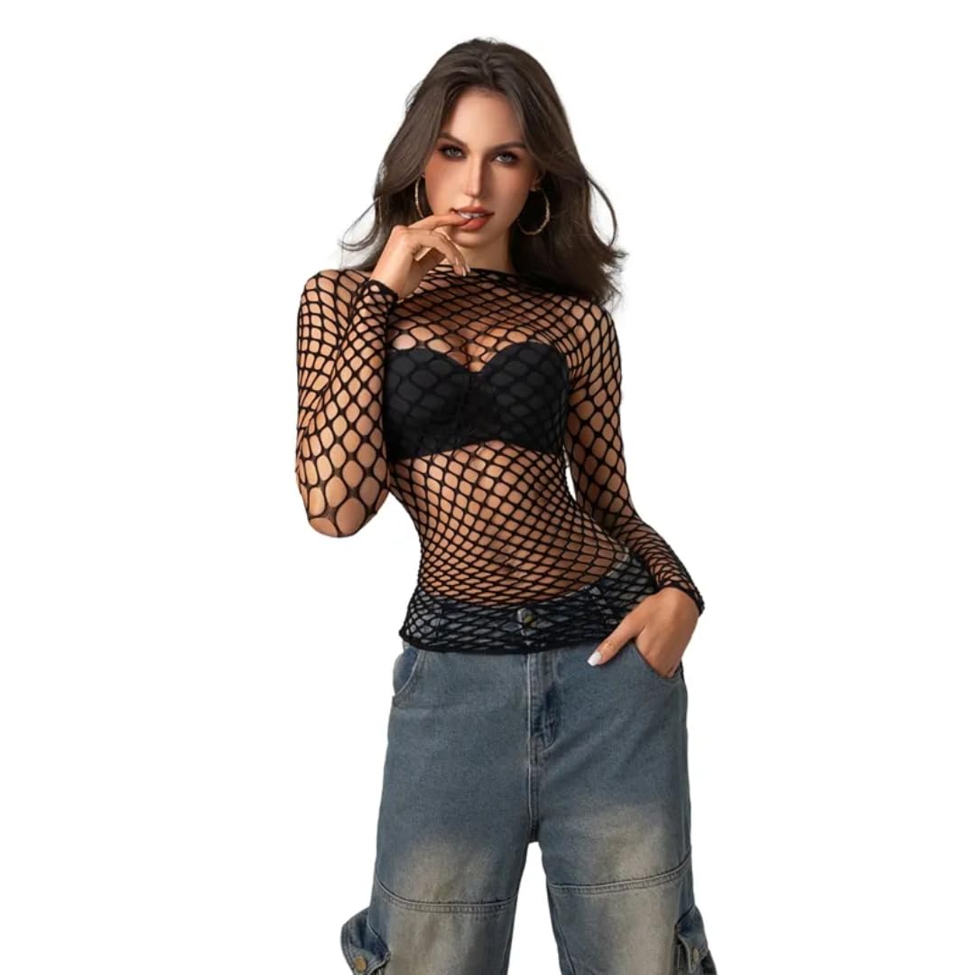 bunny bae Women Long Sleeve Mesh Crop Top mesh Slim Pullover See Through Fishnet T-Shirt Blouse for Outing, clubing-picture-51