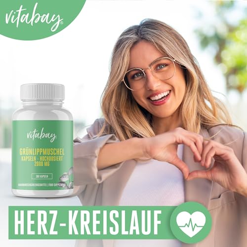 Vitabay Grünlippmuschelextrakt 2000mg Hochdosiert - 900 Grünlippmuschel Kapseln mit hoher Bioverfügbarkeit - Green lipped mussel capsules Laborgeprüft & ohne unerwünschte Zusätze