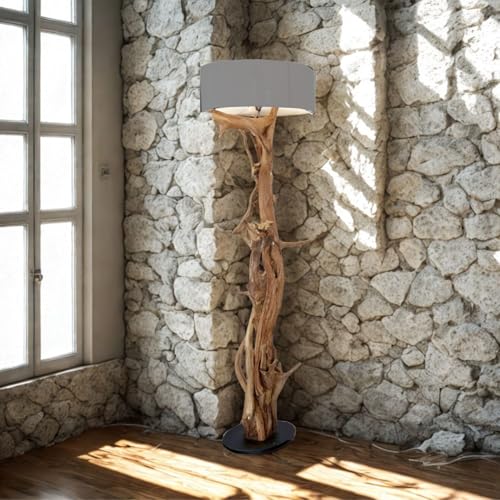 Möbel Bressmer BLUMA Stehlampe Teakholz - 100% Handarbeit aus nachhaltigem Holz - Sockel 30cm Höhe 180cm - Treibholz Lampe Wohnzimmer inkl. Lampenschirm Grau