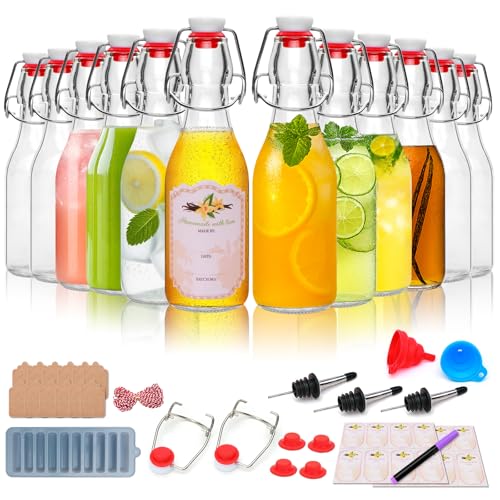 8oz Swing Top Glass Bottles - 12 Pack Flip Top Glass Bottle with Airtight Lid for Home Brewing, Fermentation, Beer, Vanilla Extract, Limoncelle, Kombucha, Kefir, Soda, Bonus Gaskets and Pourers
