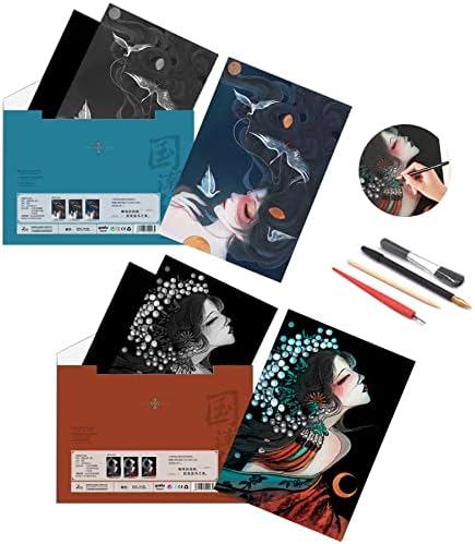 Scratch Rainbow Painting Art Paper,Scratch & Sketch Art for Kids & Adults,Scratch Painting Creative Gift Art & Craft Set,Sketch Pad DIY Scratchboard with 4 Tools,11.7''x8.3''(Asian Girl2)