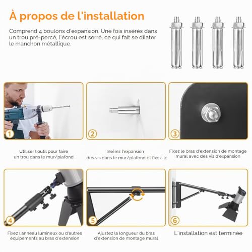 NEWFUN Support Mural pour Lumière avec Base Triangulaire, Support Rotatif à 180 Degrés,54-110CM, Bras Mural pour Caméra pour éclairage Annulaire, Boîte à Lumière, Monolight à Parapluie, Stroboscopes – vue 6