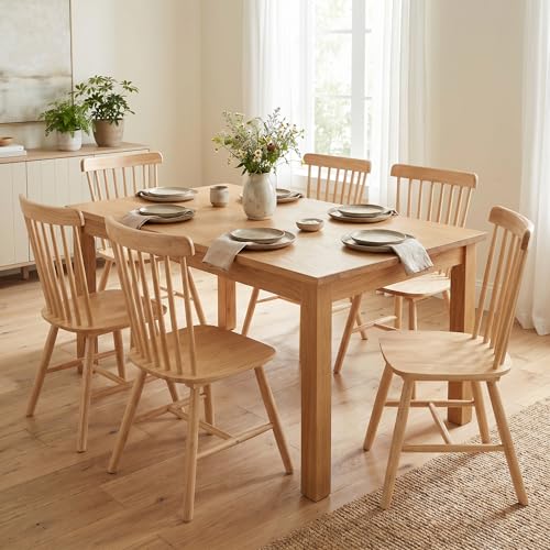 Dining Room Chairs Set of 6, Windsor Dining Chair with Spindle Back, Farmhouse Armless Side Chair, Solid Wood French Country Kitchen Chairs for Home/Patio/Restaurant, Natual