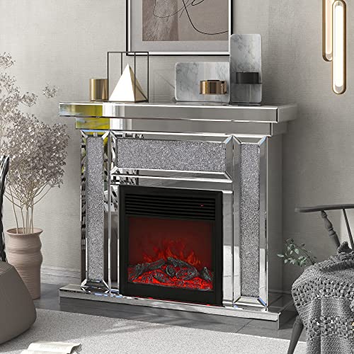 Deinppa Mirror Electric Fireplace With Remote Controller And Faux Diamonds, Mantel Freestanding Heater Firebox With 3D Flame,For Living Room 1500 W Electric Heating Furnace (W 47" X D 12.6 "X H 41.7") #TOP1