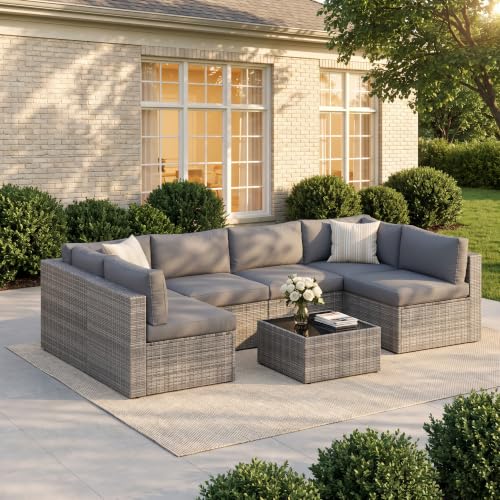 Image of Wisteria Lane 7 Pieces Outdoor Patio Furniture Set, Wicker Outdoor Patio Sectional Sofas with Coffee Table, All-Weather Patio Conversation Set for Garden Backyard, Grey