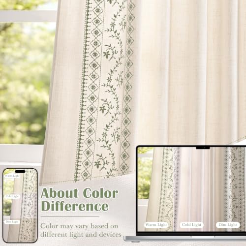 Image of Yinhua Boho Kitchen Curtains 36 Inch Length Sage Green Embroidered Floral Cafe Curtains, Farmhouse Light Filtering Kitchen Window Curtain Rod Pocket Short Tier Curtains for Windows, 26 inch W x 36 inch L