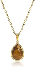 18K Gold Plated Teardrop Natural Tiger Eye Pendant Necklace for Women, 45CM Length