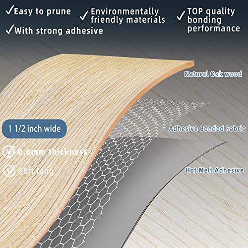 Image of White Oak Edge Banding, 1 1 /2 inch x 50ft roll of Veneer Edge Banding - Pre-glued Flexible, Real Wood Tape for Cabinet Repair & Furniture Restoration