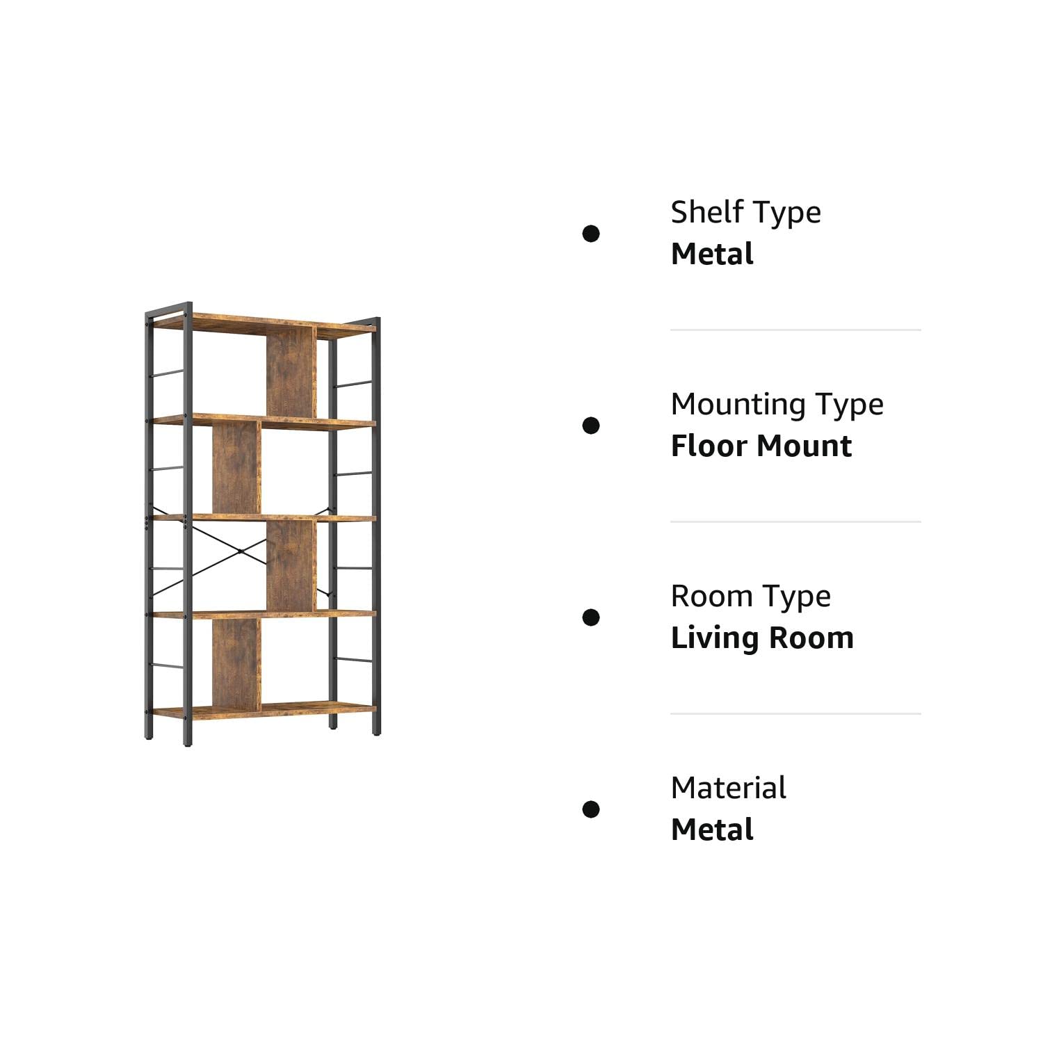 armocity Bookshelf, 5 Tier Tall Industrial Bookcase Wood Metal Frame ...