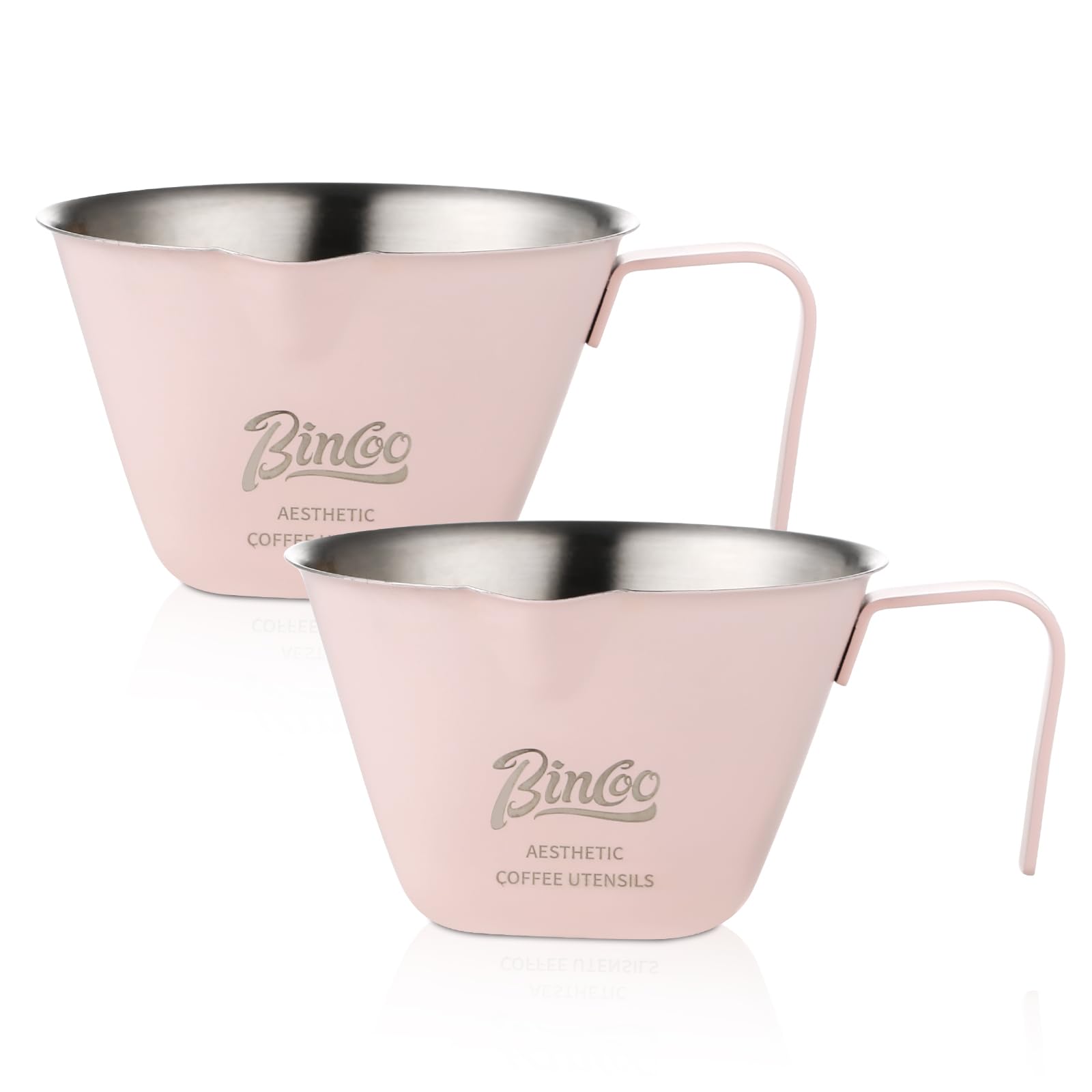 Pink Espresso Shot Cup Set of 2, Espresso Measuring Cup with Single Spout and Handle, Stainless Steel Pouring Shot Cup for Tomato Sauce,Milk,Coffee Bean Weighing, 3oz/100ml
