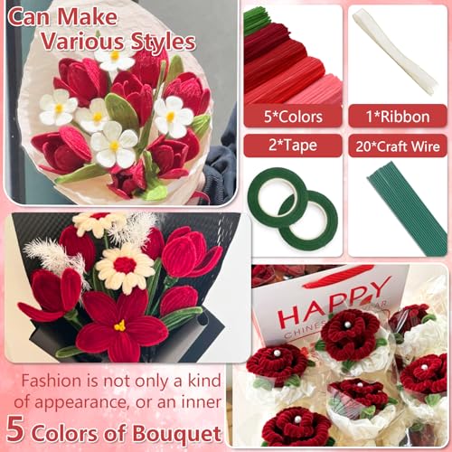 Image of 400 Pcs Pipe Cleaners Craft, 5 Assorted Colors Pipe Cleaners Bulk | Chenille Stems for DIY Flower Making Kit with Floral Wires, Gardening Tape,Stamen& Ribbon (Red)