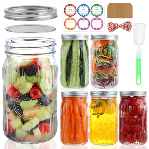 HAYHOI 32 oz Wide Mouth Mason Jars with Lids and Bands, 6 Pack Quart Canning Jars, Embossed Glass Mason Jars for Centerpieces, Preserving, Pickling, Meal Prep, Jam, DIY Crafts