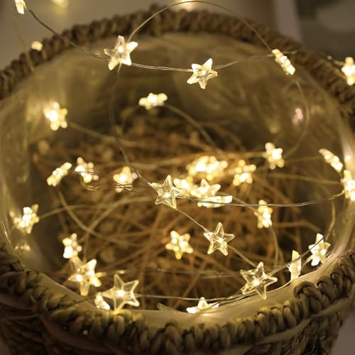 Auzlya Lichterkette Batterie Sterne 2M 20 LED Stern Lichterkette Stern Draht Lichterkette Batteriebetrieb für Hochzeit Valentinstag Weihnachten Party Dekoration(Stil H)