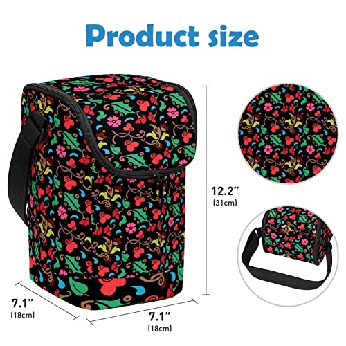 Lonchera grande floral negra con correa ajustable de transporte cómodo 4