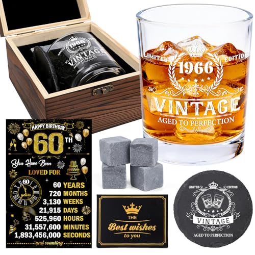 Image of Luvart 60th Birthday Gifts for Men - Vintage 1966 Whiskey Glass Tumbler Wood Box Whiskey Stones Back in 1966 History Card Coaster Birthday Gift Set for Men Him Husband Dad 60 Year Old Party