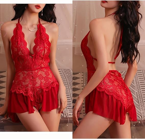 WBDWWTD Nuisette Sexy pour Femme en Dentelle Florale - Body Dos Nu en V Profond - Une pièce Dos Nu - Chemise de Nuit Creuse - Jupe en Maille - Patchwork - Chemise de Nuit pour Femme pour la