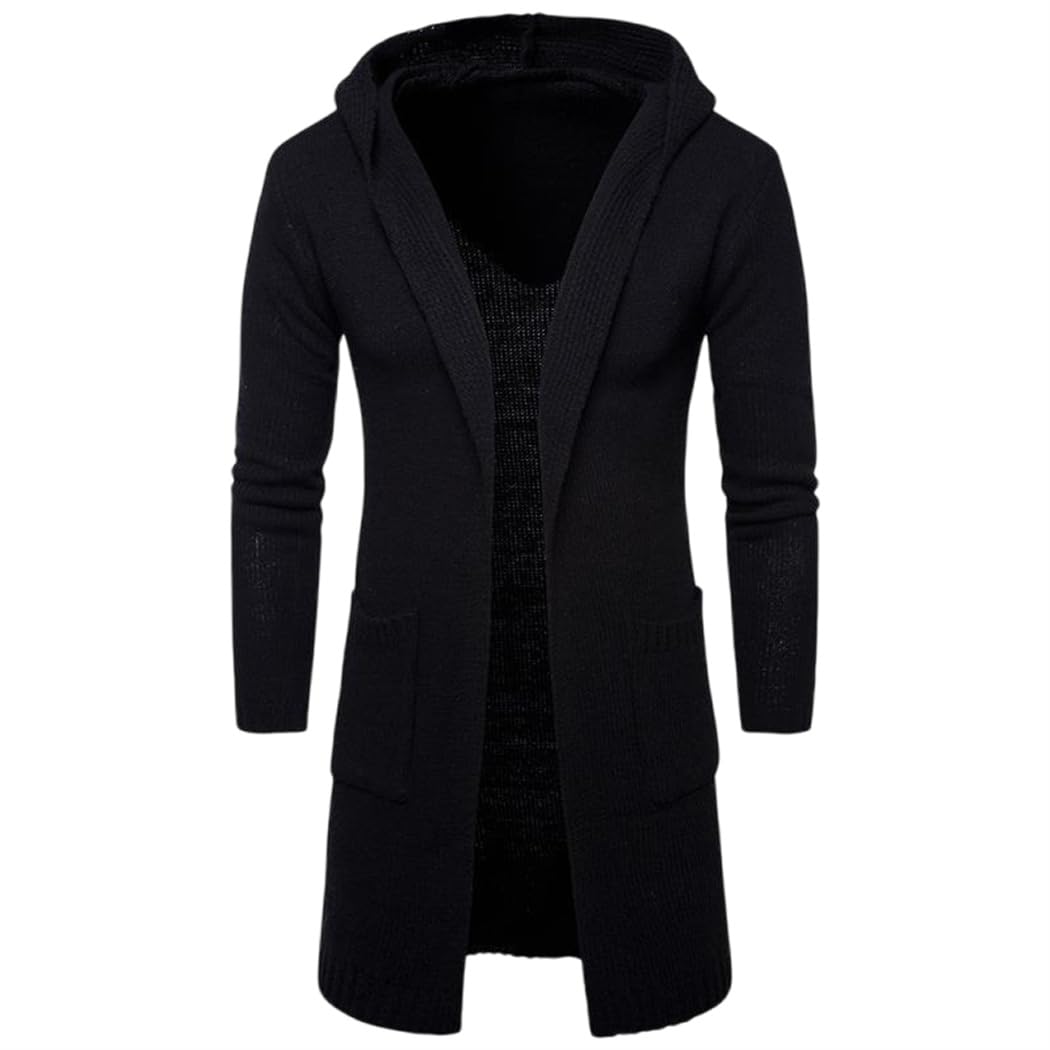 Wekumgy Men's Black Long Hooded Cardigan Sweater Mid Length Shawl Collar Open Front Sweaters Long Sleeve Knitwear Coats