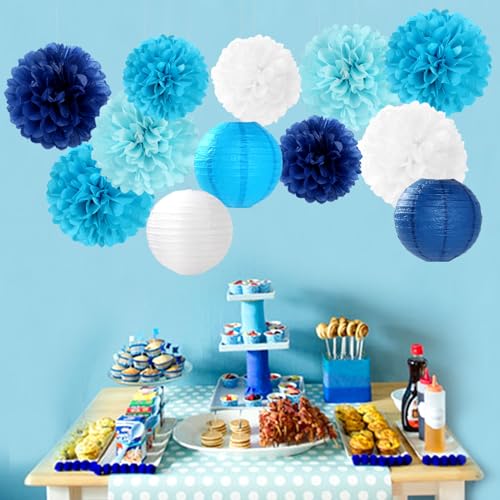 Image of Blue-White Birthday Party-Decorations Paper-Flowers Lanterns - 15PCS Light Royal Tissue Pom Poms Streamers,Classroom Ocean Themed Baby Bridal Shower Bachelorette Wedding Hanging Supplies Decor Hugfond